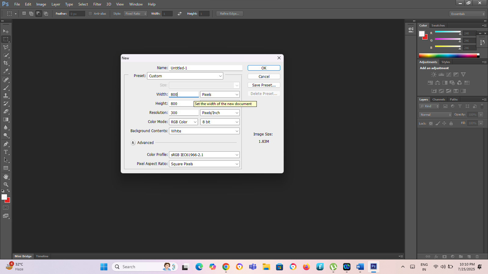 Make a new file in photoshop